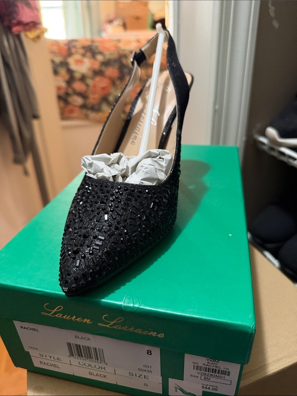 Lauren Lorraine Black Beaded Pointed Slingback Heels